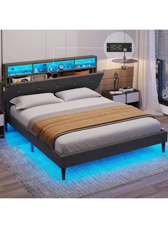 Full Size Bed Frame with LED Lights & Bookcase Headboard, Upholstered Platform Bed Frame with Hidden Storage, 2 Outlets and 2 USB Ports, Dark Grey