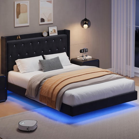 Full Size Bed Frame with LED Lights, Floating Bed with Velvet Upholstered Storage Headboard for Apartment Bedroom, No Box Spring Needed, Black