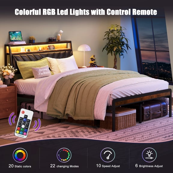 Full Size Bed Frame with LED Lights and 105-Degree Tilted Upholstered Headboard,Metal Bed Frame with Charging Station, Noiseless,Antique Brown