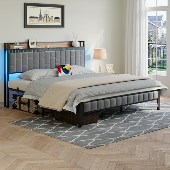 Full Size Bed Frame with LED Lights and Charge Station, Upholstered Platform Bed with Storage Headboard