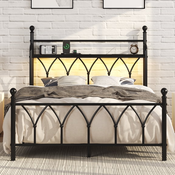 Full Size Bed Frame with LED Storage Headboard & Charging Station, Metal Platform Bed, Black