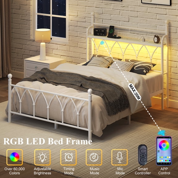 Metal Bed Frame Full Size with LED Lights, Modern Platform Bed with Charging Station, White