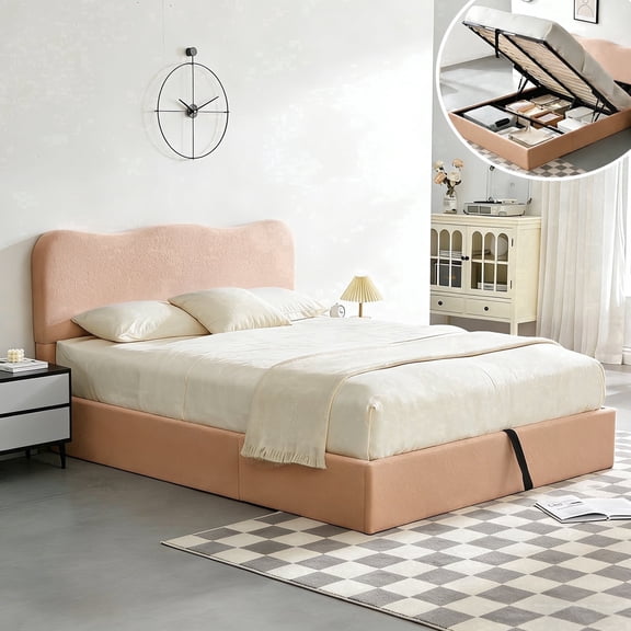 VELOCAVA Full Size Bed Frame with Lift Up Storage, Boucle Upholstered Platform Bed with Curved Headboard, No Box Spring Needed, Hydraulic Storage, Blush Pink