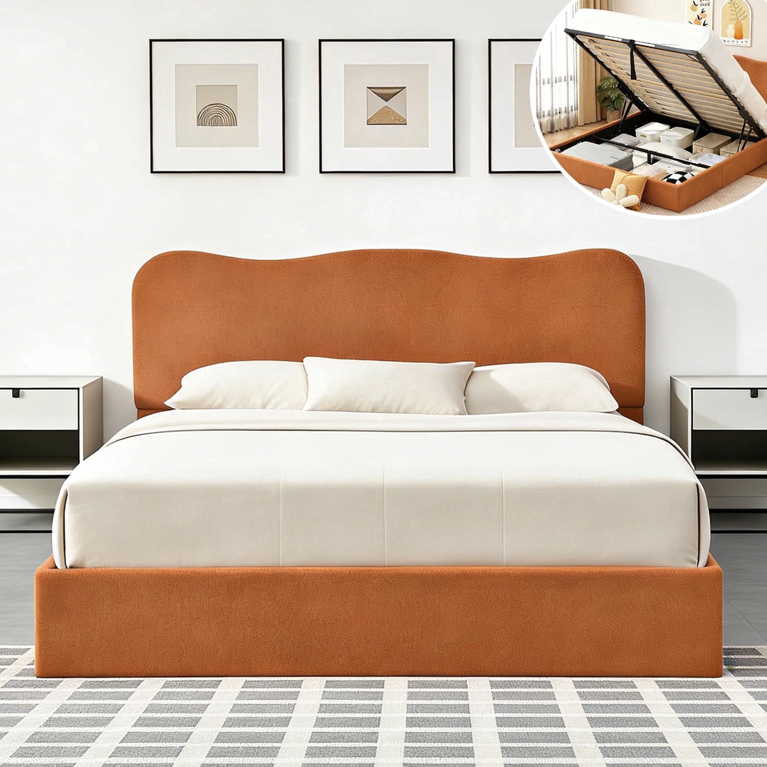 Full Size Bed Frame with Lift Up Storage, Boucle Upholstered Platform Bed with Curved Headboard, No Box Spring Needed, Hydraulic Storage, Brown