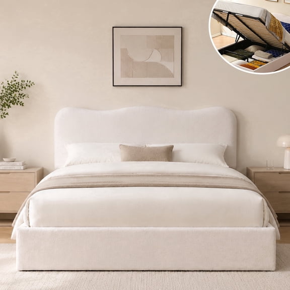 VELOCAVA Full Size Bed Frame with Lift Up Storage, Boucle Upholstered Platform Bed with Curved Headboard, No Box Spring Needed, Hydraulic Storage, White