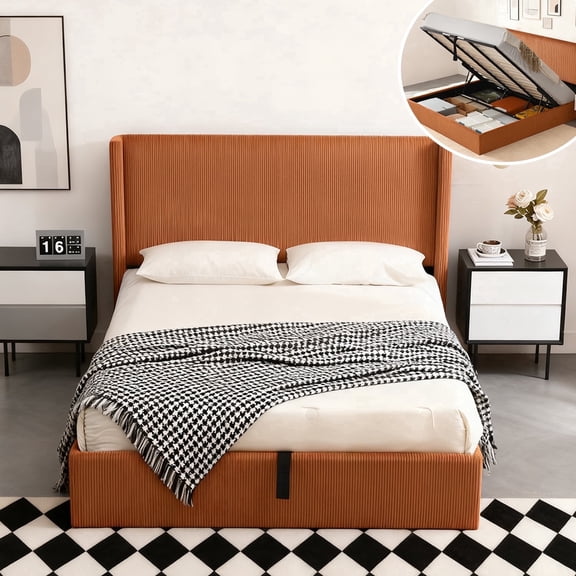 VELOCAVA Full Size Bed Frame with Lift Up Storage, Corduroy Upholstered Platform Bed with Wingback Headboard, No Box Spring Needed, Hydraulic Storage, Orange