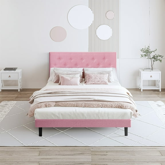 Full Size Bed Frame with Modern Button Tufted Linen Fabric Headboard,Princess Full Bed Frame for Girls,Wood Slat Support,76.57"x55.71"x41.73",Pink