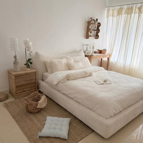 Full Size Bed Frame with Removable Headboard & Soft Rounded Corners Cloud Bed Frame Boucle Bed,Beige