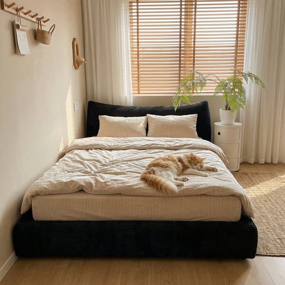 Full Size Bed Frame with Removable Headboard & Soft Rounded Corners Cloud Bed Frame Boucle Bed,Black