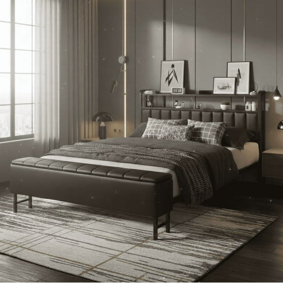 Bed Frame Full Size with Starry Sky Lights and Charging Station, Upholstered Platform Bed with Storage Ottoman, Black