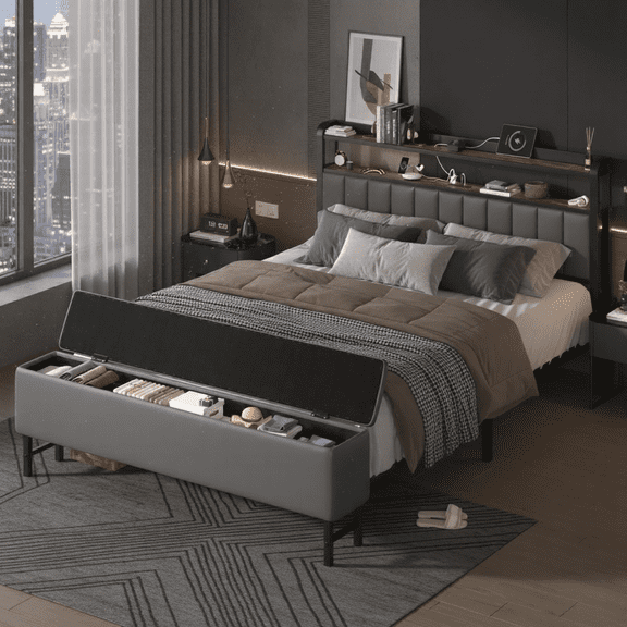 Bed Frame Full Size with Starry Sky Lights and Charging Station, Upholstered Platform Bed with Storage Ottoman, Gray