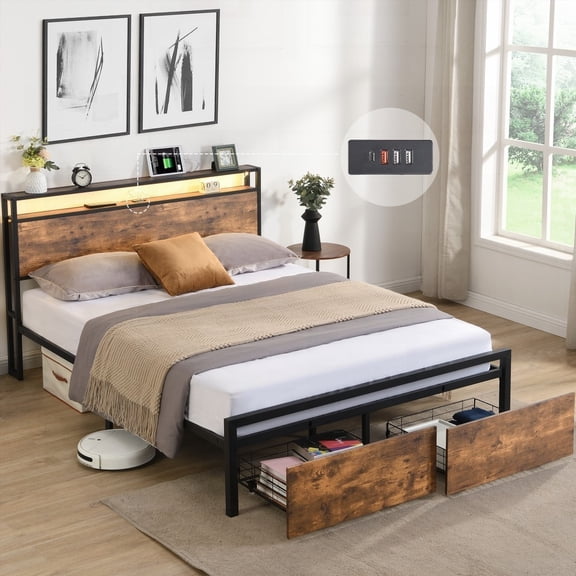 Full Size Bed Frame with Storage & Charging, No Noise, Strong Support