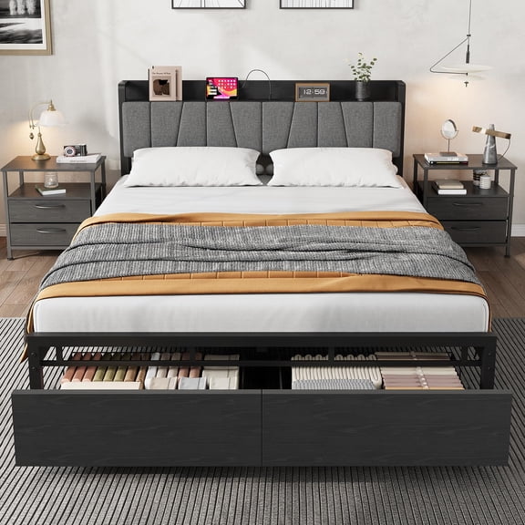 Full Size Bed Frame with Storage Headboard, Industrial Full Platform Bed with 2 Large Drawers and Charging Station, No Box Spring Needed Bedframe