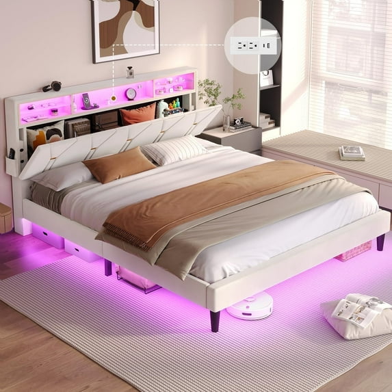 Full Size Bed Frame with Storage Headboard & LED Lights, Platform Bed Frame with USB Port Charging,Adjustable Velvet Upholstered Headboard,White