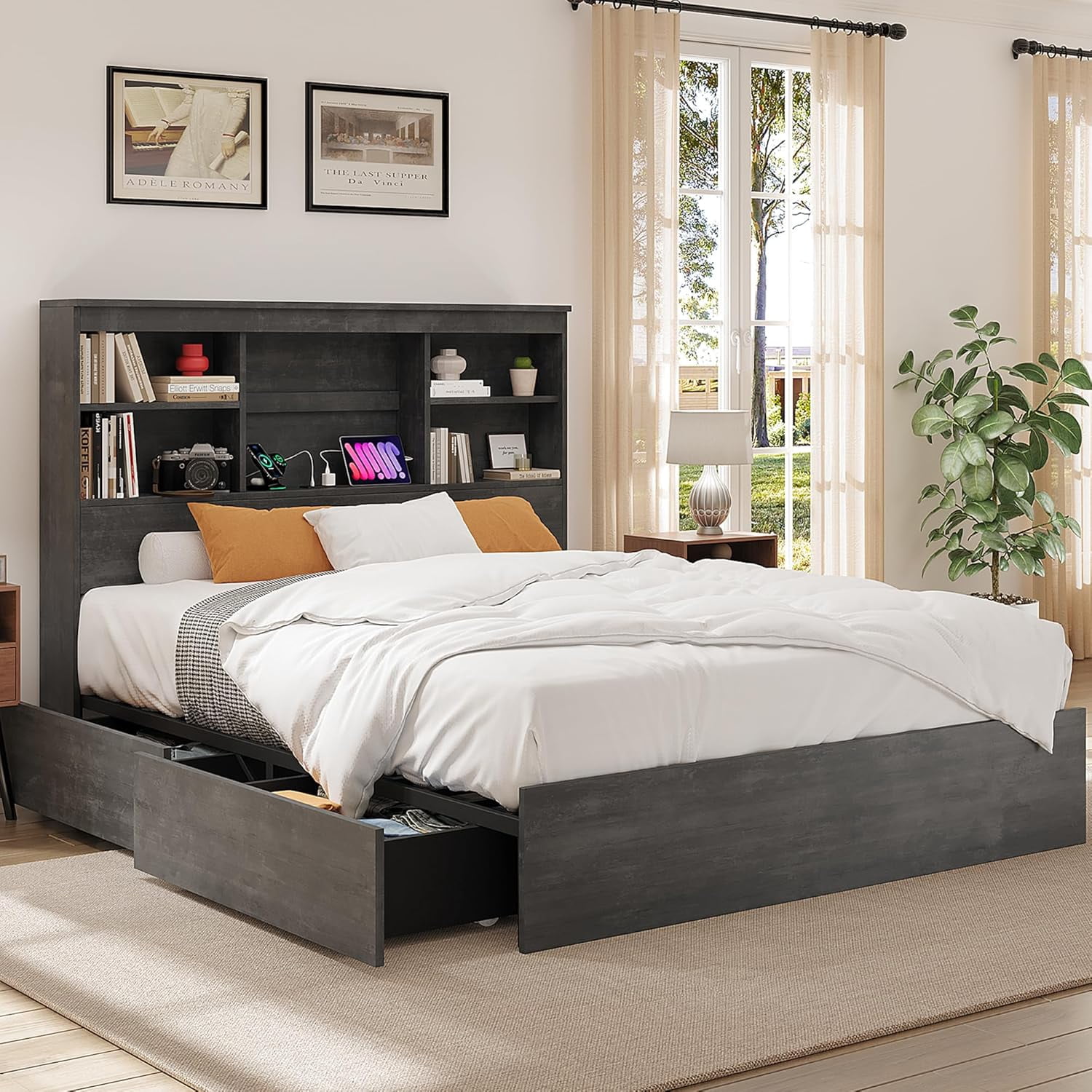 Full Size Bed Frame with Storage Headboard, Metal Frame Platform Bed, Built-in Charging Station, No Box Spring Needed, Noise-Free