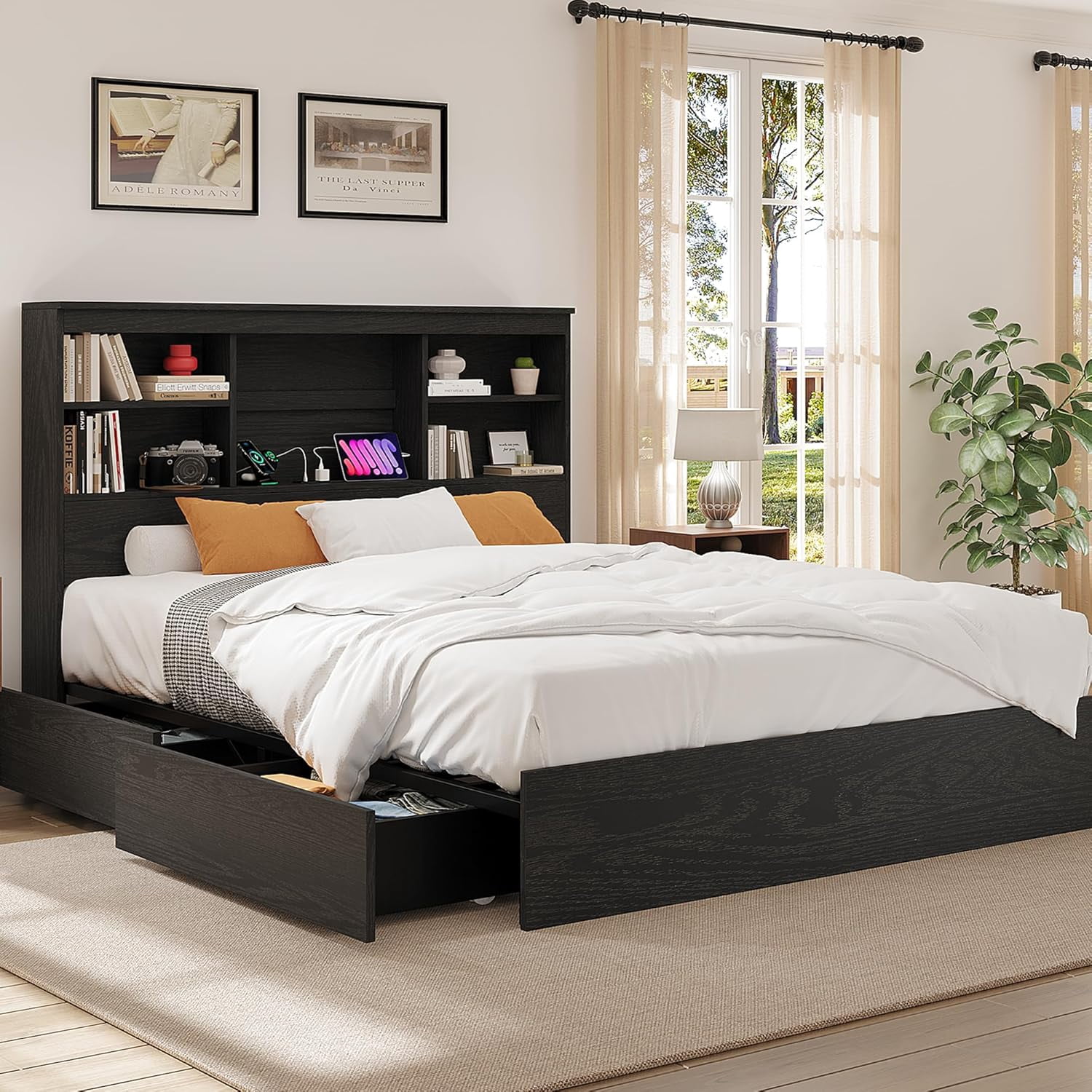 Full Size Bed Frame with Storage Headboard, Metal Frame Platform Bed, Built-in Charging Station, No Box Spring Needed, Noise-Free