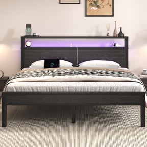 Full Size Bed Frame with Storage Headboard, Metal Platform Bed with LED Lights & Charging Station, Heavy Duty Metal Slats, Black