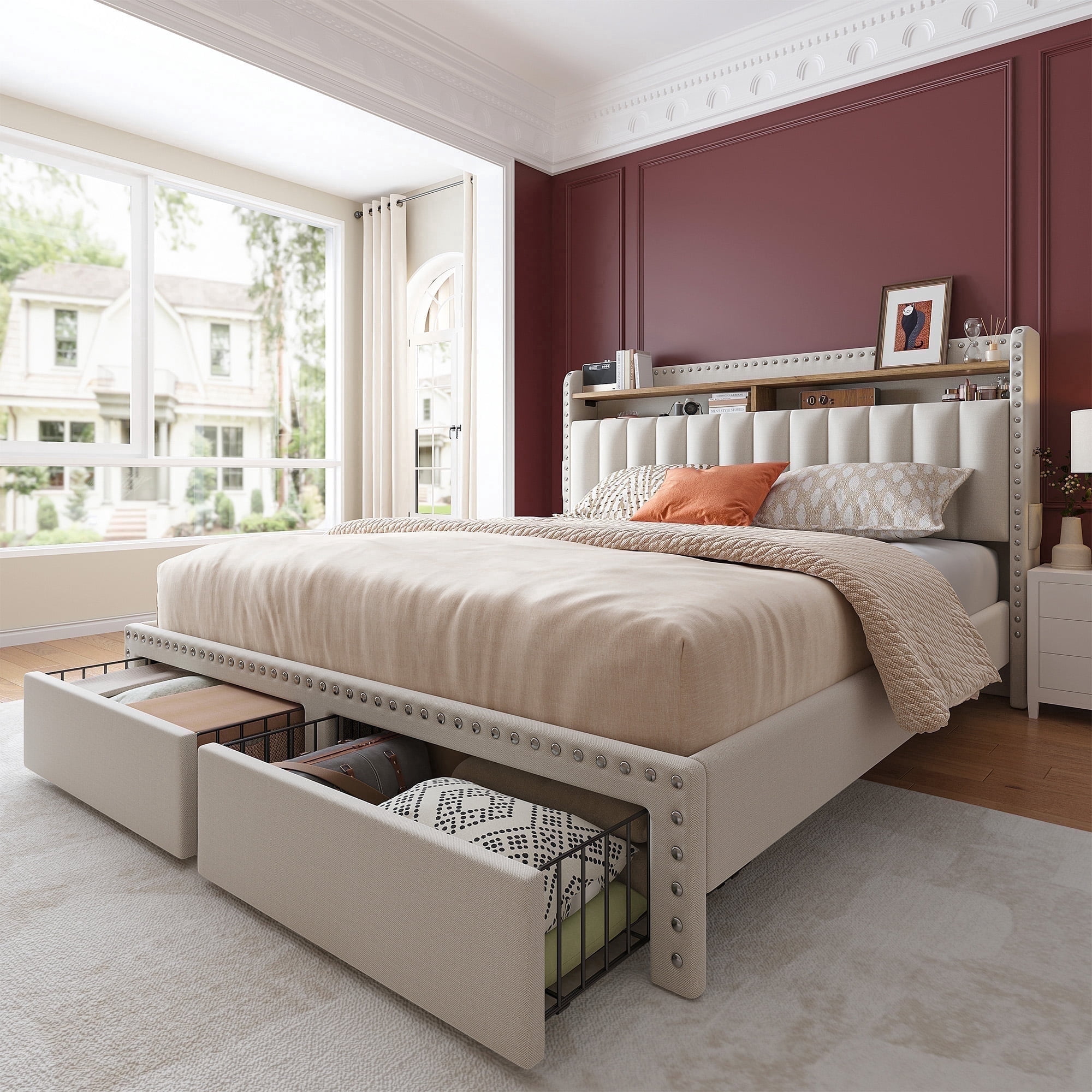 Bed Frame Full Size with Storage Headboard Upholstered Bed Frame with 2 Drawers & Side Storage Pocket,Beige