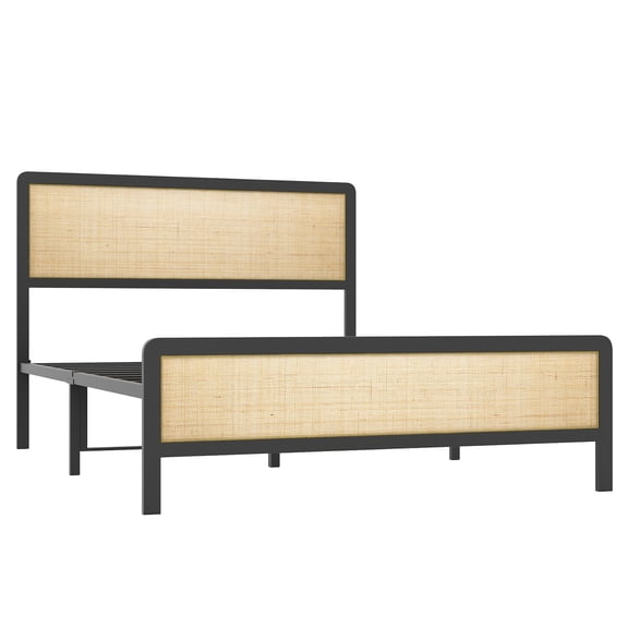 Full Size Bed Frame with Under-Bed Storage Rattan Headboard & Footboard, Sturdy Metal Platform, 1,000 lbs No Box Spring