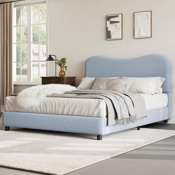 Full Size Bed Frame with Upholstered Headboard, Boucle Platform Bed with Rounded Corners Design, Wooden Slats, Noise Free, No Box Spring Needed, Blue