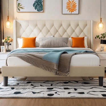 Full Size Bed Frame with Upholstered Headboard, Metal Bed Frame, 800lbs, Beige