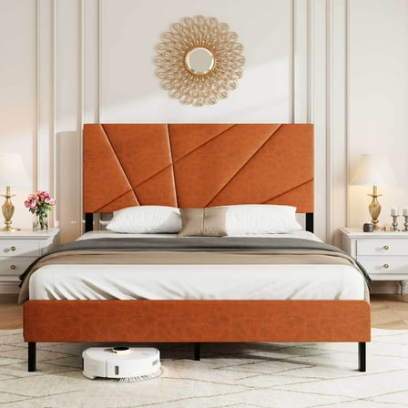 Full Size Bed Frame with Upholstered Headboard, Metal Support, No Box Spring Needed, Antique Brown