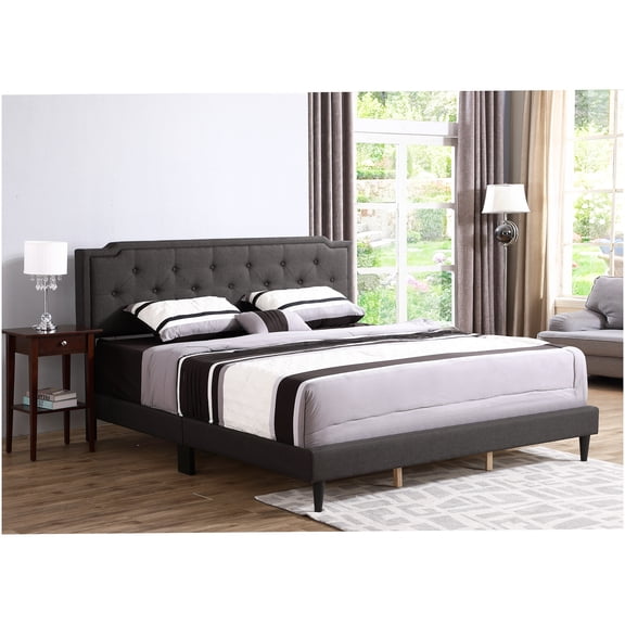 Full Size Bed Frame with Upholstered Headboard, Modern Platform Bed for Small Spaces, Black Bedroom Furniture, Easy Setup