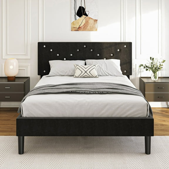 Full Size Bed Frame with Upholstered Headboard, Non-Slip and Noise-Free/Wooden Slats Support/No Box Spring Needed/Easy Assembly, Black