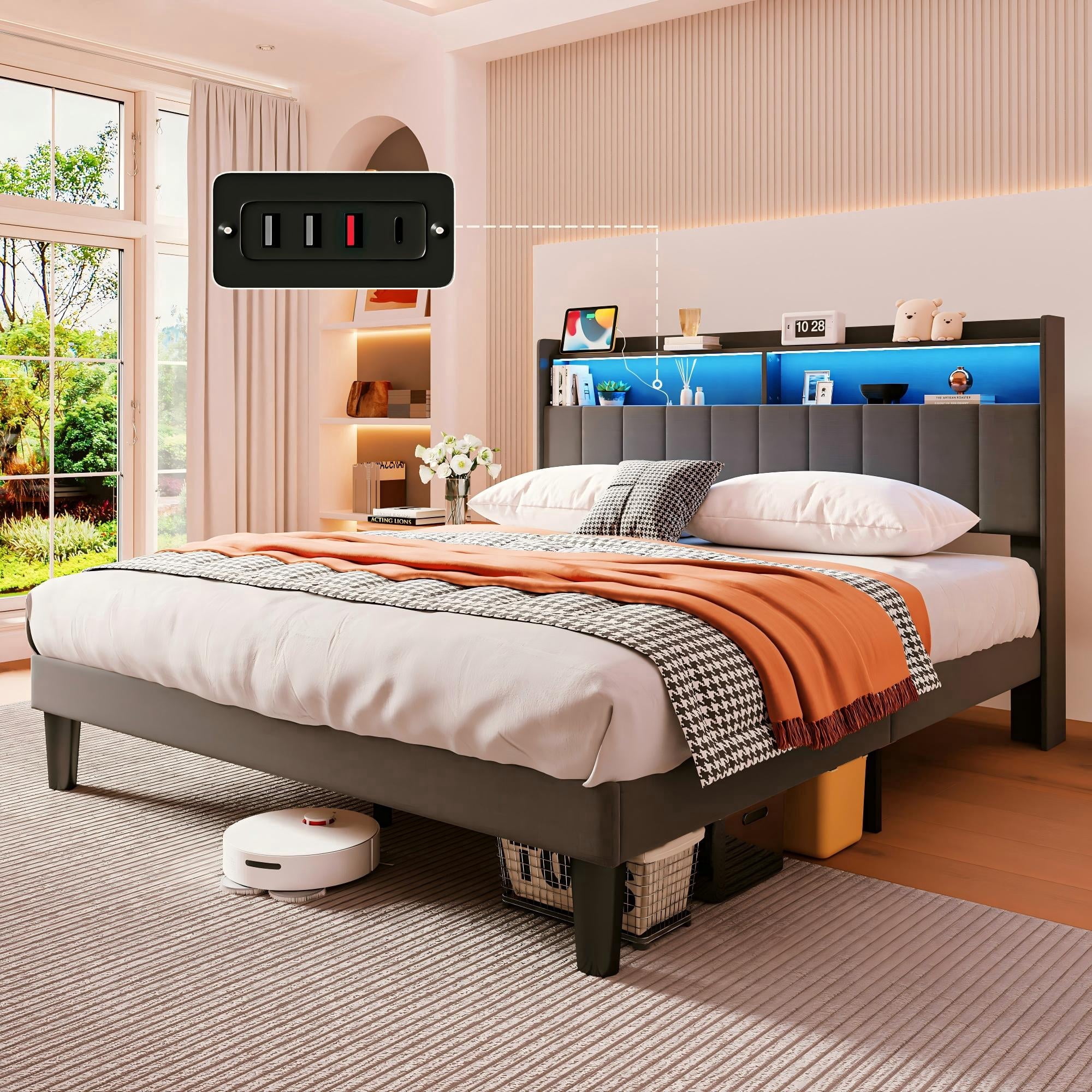 Lofka Full Size Bed Frame with Storage Upholstered Headboard, Led Lights and 3 USB-A Ports and Type-C Port, 850lbs, Dark Gray