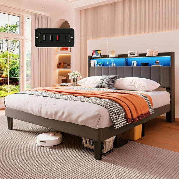 Lofka Full Size Bed Frame with Storage Upholstered Headboard, Led Lights and 3 USB-A Ports and Type-C Port, 850lbs, Dark Gray