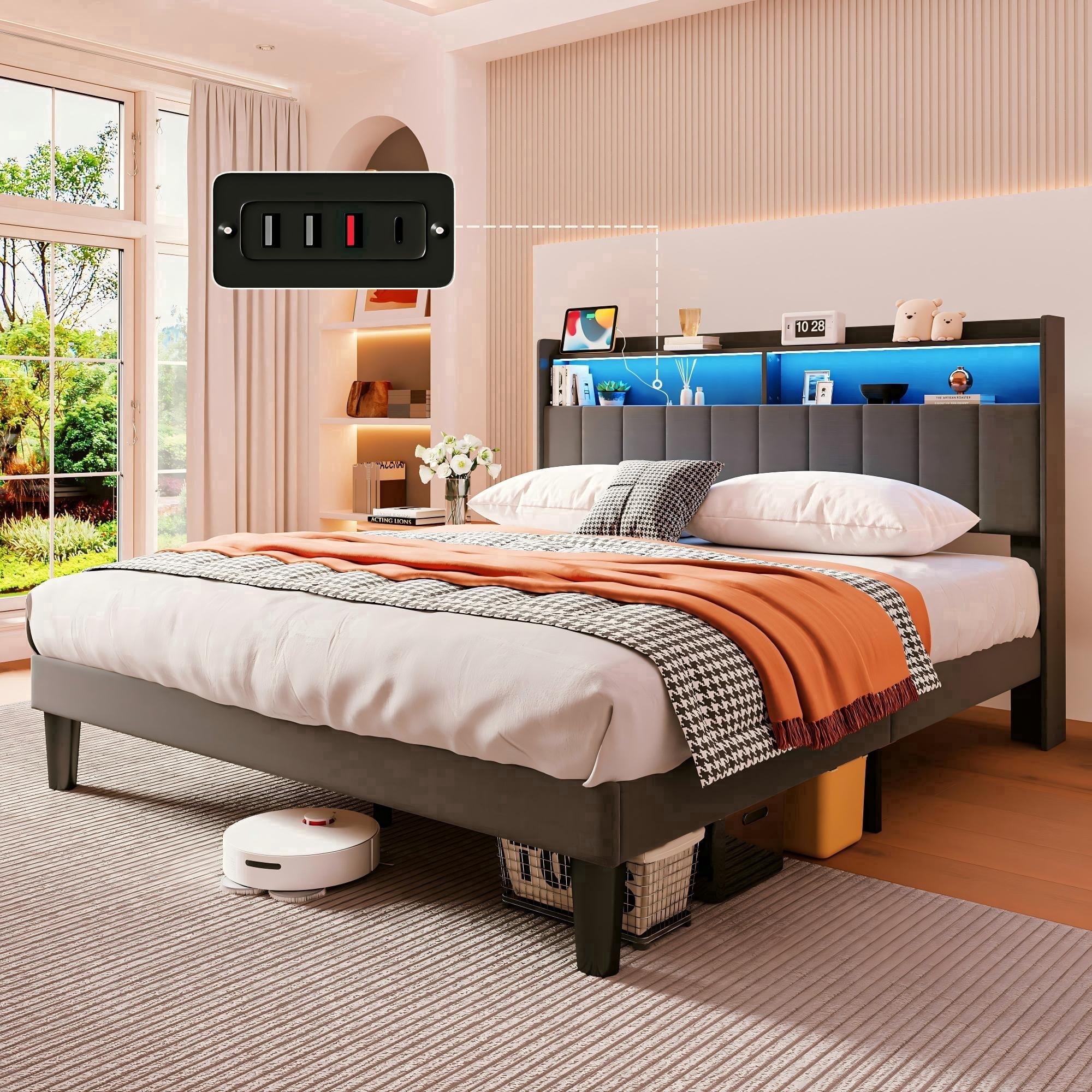 Lofka Full Size Bed Frame with Storage Upholstered Headboard, Led Lights and 3 USB-A Ports and Type-C Port, 850lbs, Dark Gray