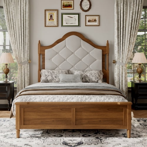 Full Size Bed Frame with Upholstered Headboard and Panel Footboard, Vintage Mid-Century Farmhouse Style, Brown Wood Platform Bed