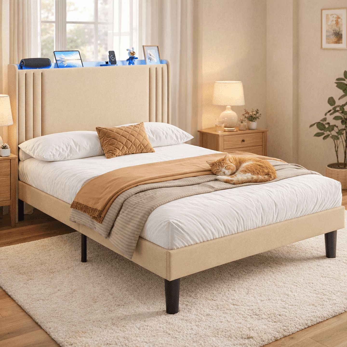 Luxury Wingback Upholstered Platform Bed Frame, Noise-Free & Sturdy, No Box Spring Required, Full Size Bed Beige