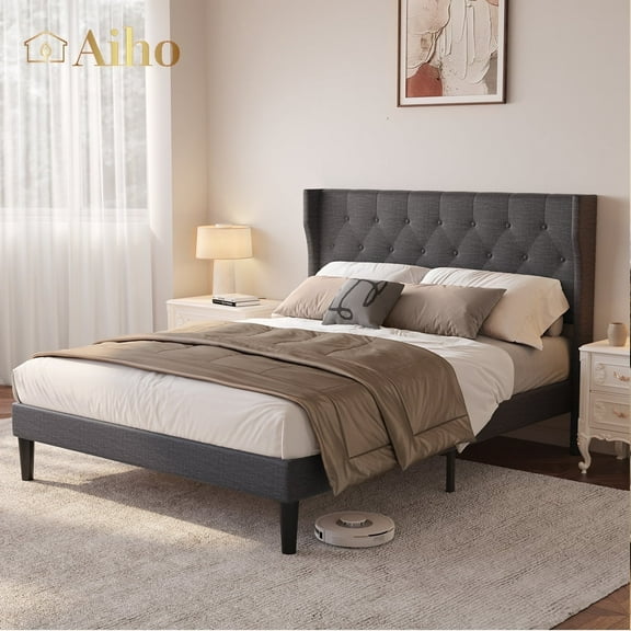 Full Size Bed Frame with Upholstered Headboard for Bedroom, Gray