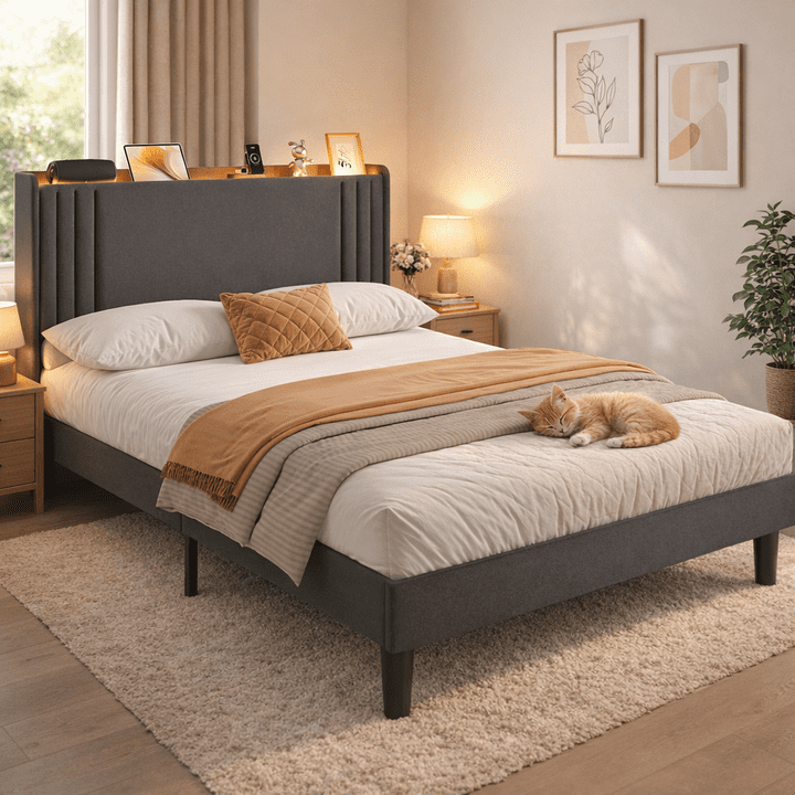 Luxury Wingback Upholstered Platform Bed Frame, Noise-Free & Sturdy, No Box Spring Required, Full Size Bed Dark Grey