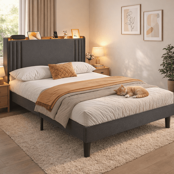 Luxury Wingback Upholstered Platform Bed Frame, Noise-Free & Sturdy, No Box Spring Required, Full Size Bed Dark Grey