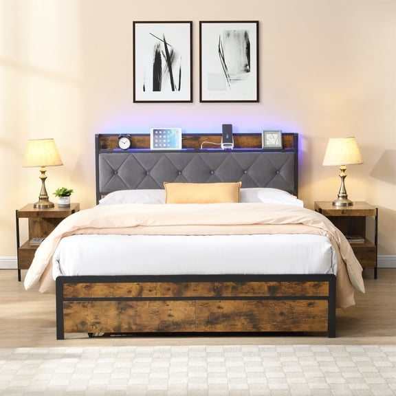Full Size Bed Frame with Velvet Headboard,2 Storage Drawers,LED Light,USB Port,Heavy Duty,Metal Platform Full Bed Frame,81.5"x53.9"x41.3",Brown