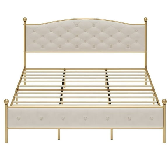 Full Size Bed Frame with Velvet Tufted Headboard, Heavy Duty Metal Slats/No Box Spring Needed/Large Storage Space/Easy Assembly, Off-White