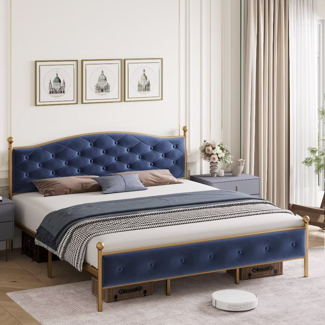 Full Size Blue Velvet Upholstered Platform Bed with Gold Metal Frame