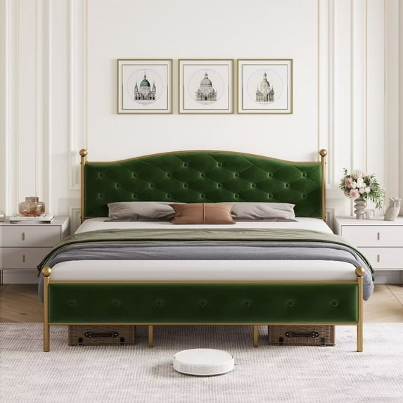 Full Size Bed Frame with Velvet Upholstered Button Tufted Headboard, Heavy Duty Mattress Foundation with Wood Slats, Green