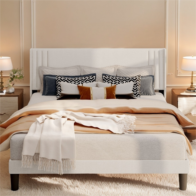 Full Size Bed Frame with Wingback Headboard, Metal Bed Frame, 850 lbs