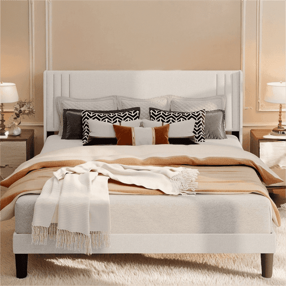 Full Size Bed Frame with Wingback Headboard, Metal Bed Frame, 850 lbs, ,Under-bed Storage, White