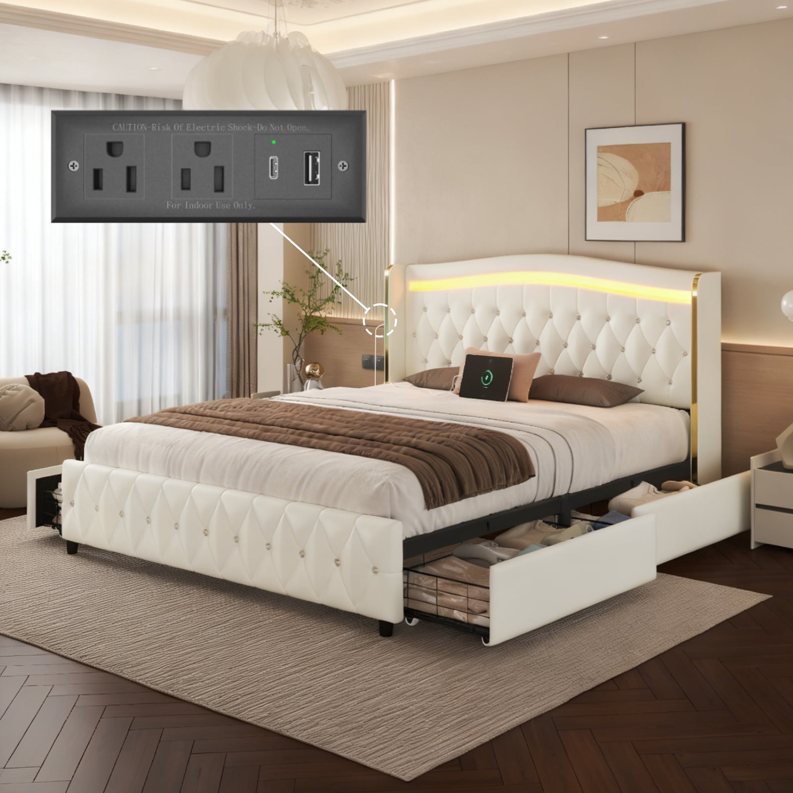 E-Motie Full Bed Frame with LED Lights & Charging Station, PU Leather Wingback Upholstered Platform Bed with 4 Storage Drawers, White