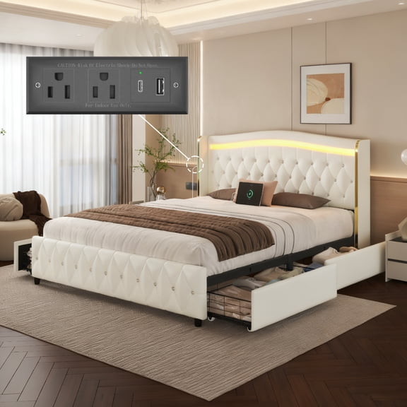 E-Motie Full Bed Frame with LED Lights & Charging Station, PU Leather Wingback Upholstered Platform Bed with 4 Storage Drawers, White