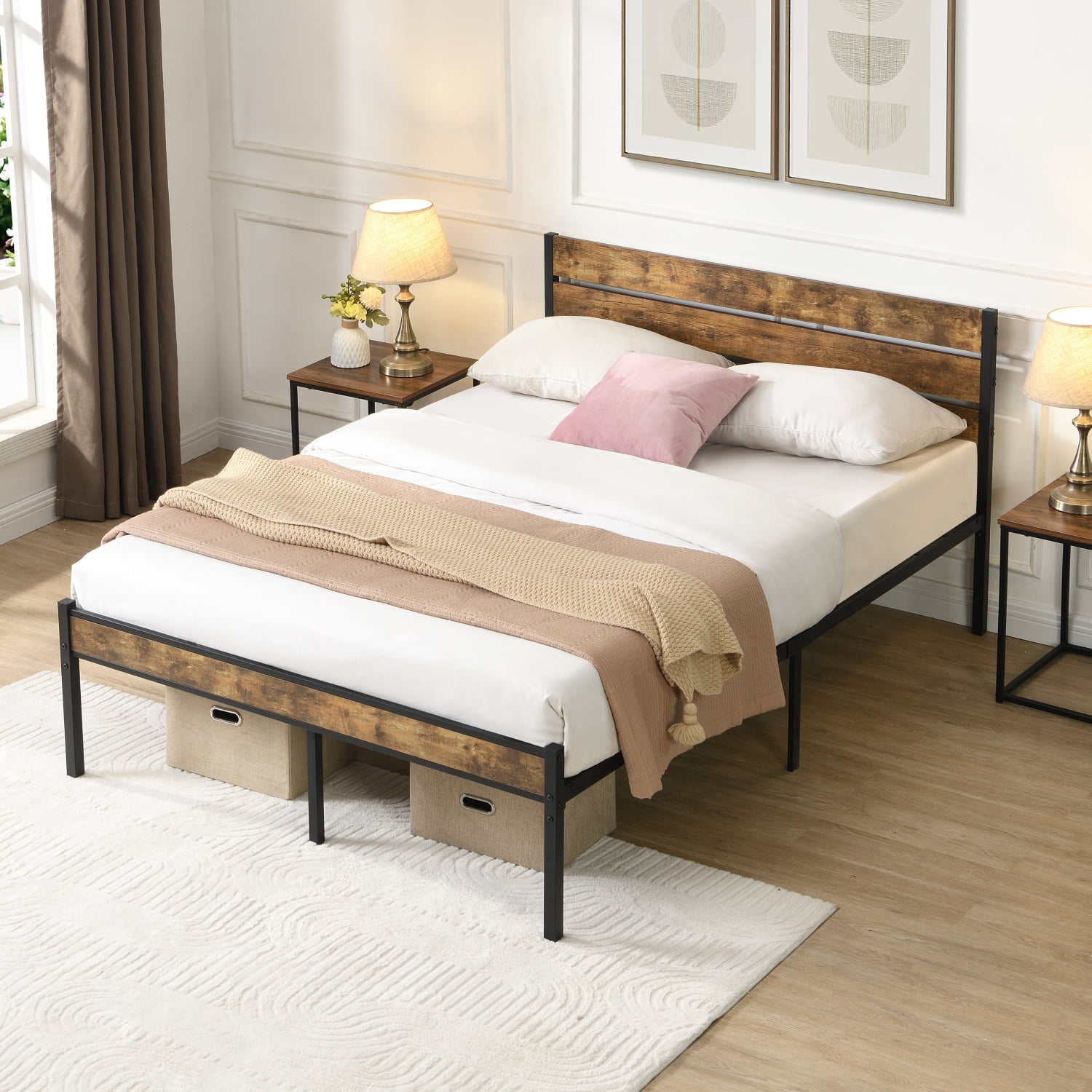 Full Size Bed Frame with Wood Headboard, Metal Platform Bed with Under Bed Storage, No Box Spring Needed, Rustic Brown & Black