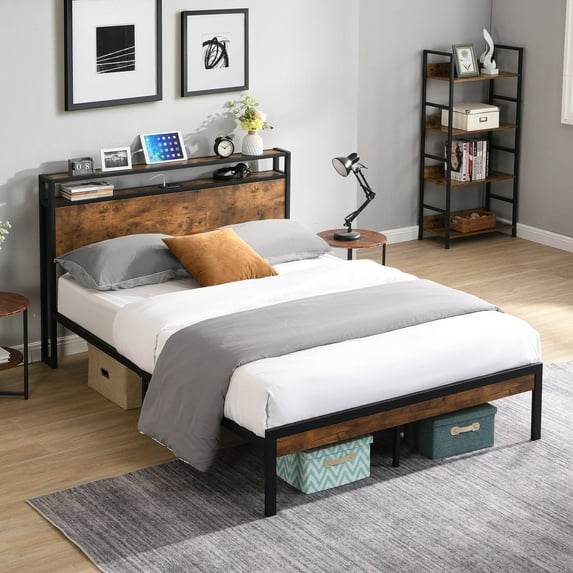 Full Size Bed Frame with Wooden Boards & USB / Quiet Operation, No Box Spring, Big Bearing