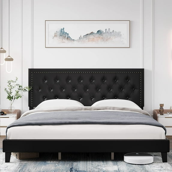 Queen Size Bed Frames with Diamond Button Tufted & Nailhead Trim Headboard Upholstered Platform Bed with Wood Slats Support No Box Spring Needed Easy Assembly Black
