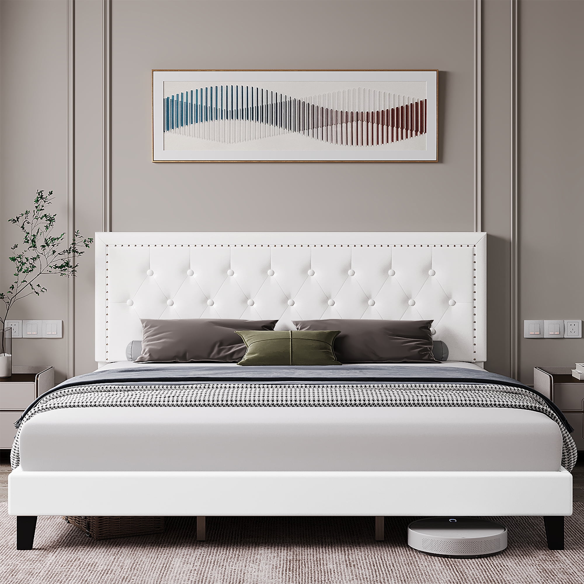 Brand New Queen Upholstered Panel Bed Frame w/ Diamond Tufted and Nailhead Trim Wingback Headboard