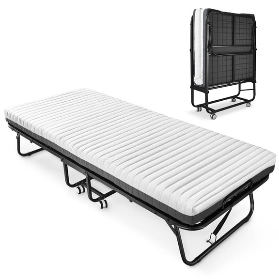 Full Size Bed Frames Folding Bed with Mattress Included Memory Foam, Portable Roll Away Adult Bed for Guest, Fold Up Soft Cot Size Bed, 75"L*46"W,Adjustable Bed Base