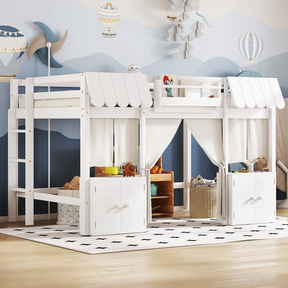 Full Size Bed Frames Full Loft Bed with Built-in Bookshelf, Curtain, and Storage Shelf Amusement Park-Inspired Playful Design Safety Guardrails, White,Adjustable Bed Base